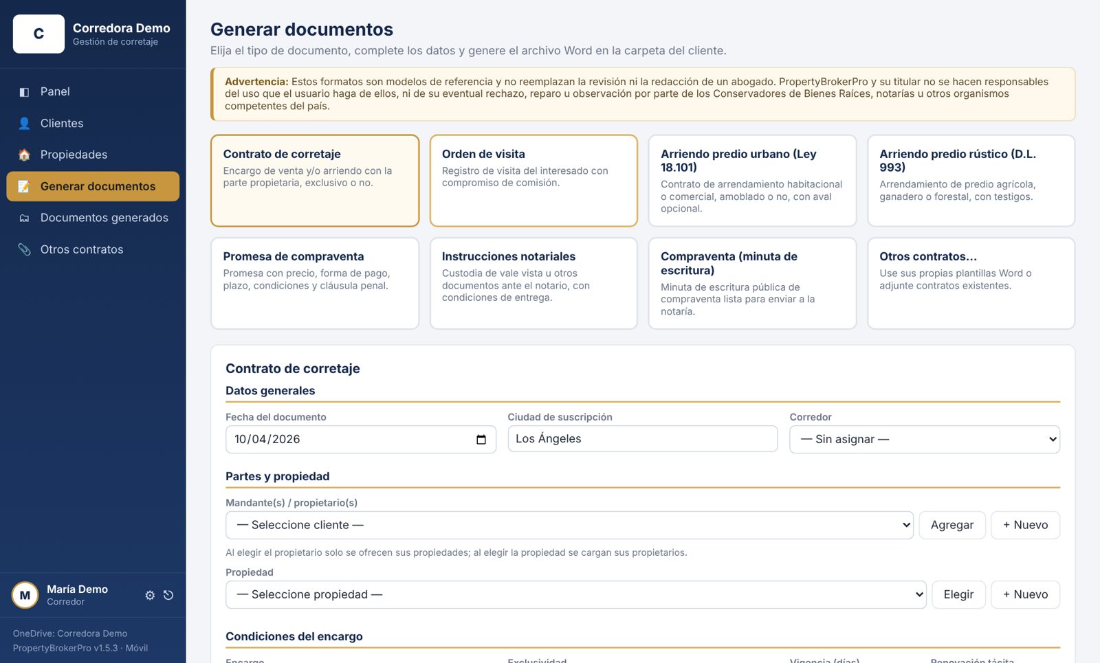 Pantalla de generación de documentos
